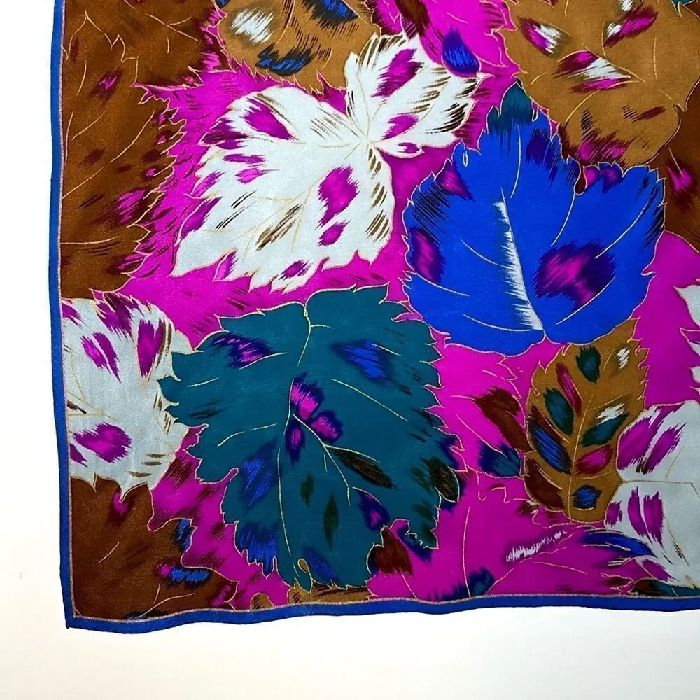Albert Nipon for XIIX KARAT Silk Square Scarf Blue Magenta Tan Floral Vintage